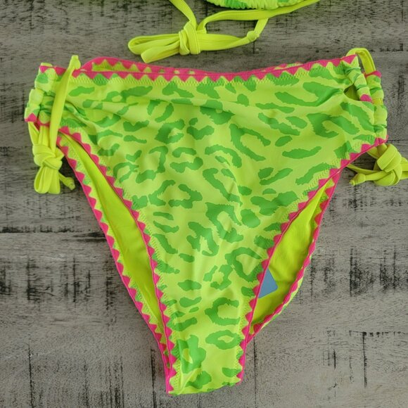 Popvil Lime Green Cheetah Triangle Top and High Rise 2 piece Bathing Suit - Picture 3 of 8